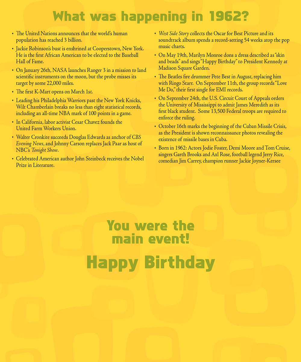 Inside of the 1962 birthday card, listing historical events and cultural highlights from that year in a newspaper format.