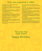 Inside of a 1962 birthday card detailing significant historical events, cultural milestones, and celebrity births from that year.