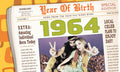 Vintage 1964 Year of Birth newspaper style greeting card featuring a retro couple making peace signs and headlines like 'Amazing Individual Born Today'.