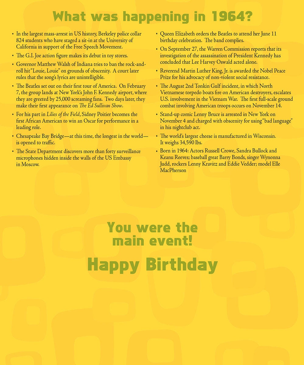 Inside view of a 1964 Year of Birth greeting card detailing historical events from 1964 like the Beatles, Civil Rights Movement, and notable births, ending with 'Happy Birthday'.