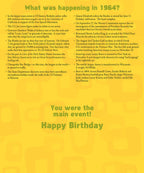 Inside view of a 1964 Year of Birth greeting card detailing historical events from 1964 like the Beatles, Civil Rights Movement, and notable births, ending with 'Happy Birthday'.