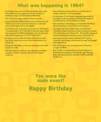 Inside of 1964 birthday card detailing historical events from 1964 and a 'You were the main event!' message.