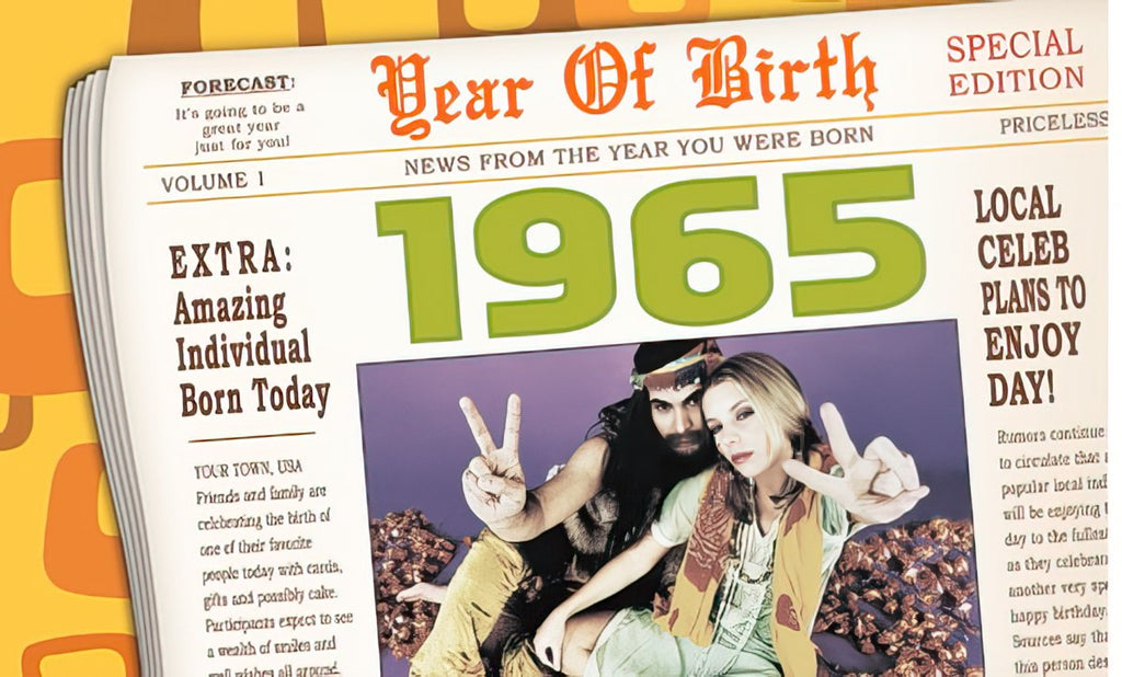 Front of a personalized 1965 birthday greeting card designed like a vintage newspaper, with headlines 'Year Of Birth' and 'Amazing Individual Born Today,' featuring retro 60s fashion and a couple making peace signs. Ideal for a 60th birthday gift.