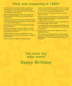 Inside view of a 'Born in 1965' birthday card, displaying a list of historical events from 1965 including politics, music, and pop culture, with text 'You were the main event! Happy Birthday.' Perfect for reminiscing.
