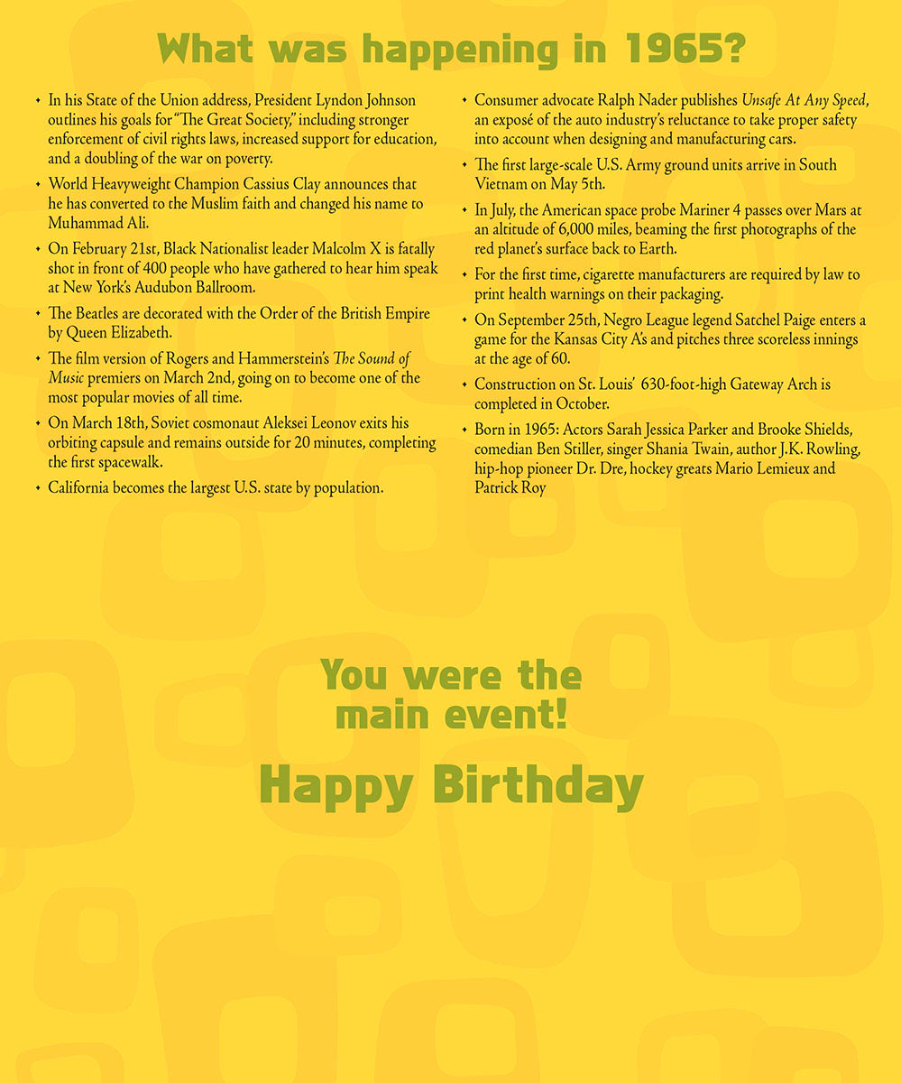 Inside view of a 'Born in 1965' birthday card, displaying a list of historical events from 1965 including politics, music, and pop culture, with text 'You were the main event! Happy Birthday.' Perfect for reminiscing.