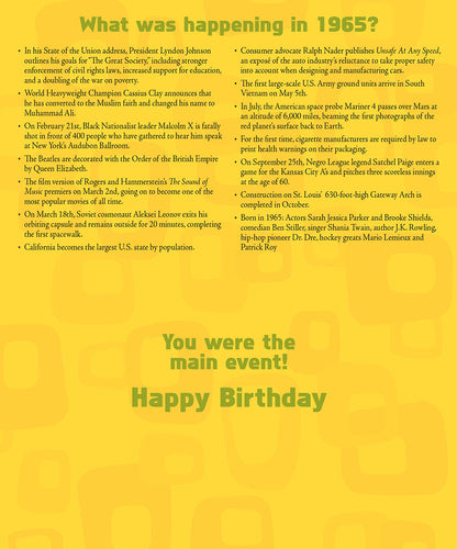 Inside of a 1965 Birthday card with a list of historical events and pop culture facts from the year 1965.