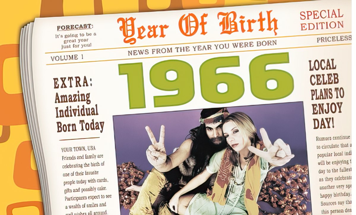 Vintage newspaper front page greeting card design for 'Year Of Birth', prominently featuring the year 1966, with a retro image of a couple making peace signs, perfect for a milestone birthday gift for him.