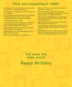 Close-up of a 'Year of Birth' greeting card showing a detailed list of historical events and pop culture facts from 1966, providing nostalgic content for a personalized birthday celebration for friends.