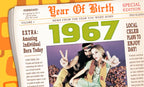 Vintage newspaper front page birthday card for a friend, declaring 'Year Of Birth 1967' with headlines and a retro image of a hippie couple flashing peace signs, evoking 60s nostalgia. Ideal for him.