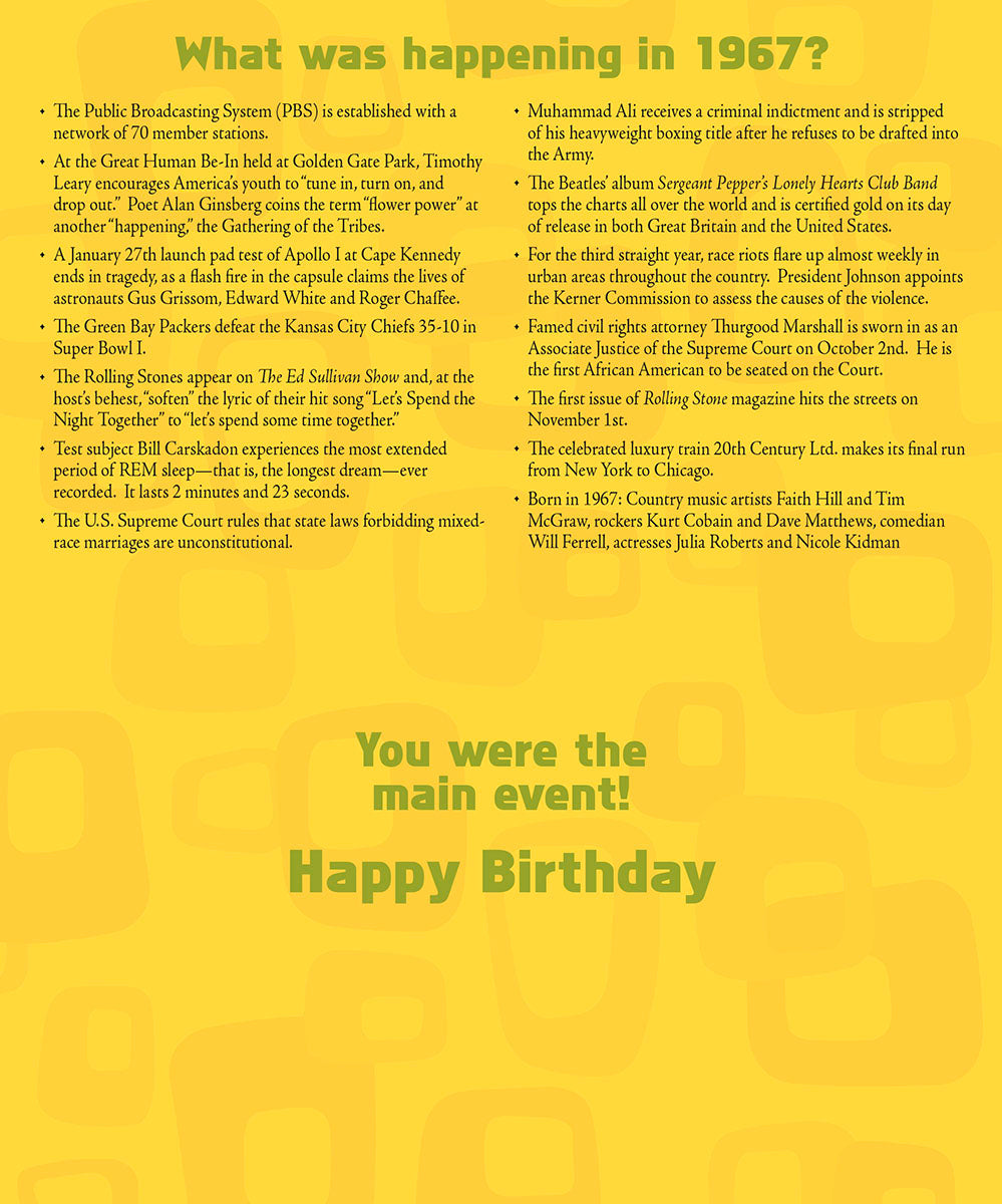 Inside of a vintage newspaper-style birthday card detailing historical events from 'What was happening in 1967?' and a concluding 'You were the main event! Happy Birthday'.