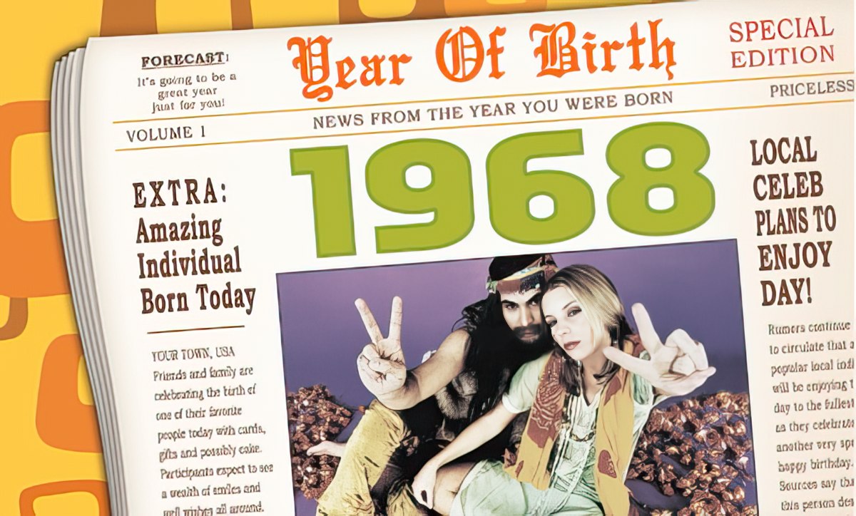 Front of a 1968 Year Of Birth birthday card designed like a vintage newspaper, showing '1968' prominently and people making peace signs.