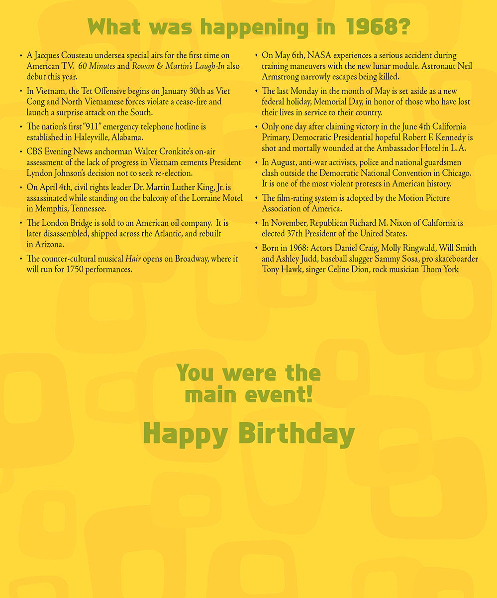 Inside of a unique 1968 birthday card detailing historical events from that year, including facts about NASA, Vietnam, MLK, and a personalized 'You were the main event!' message.