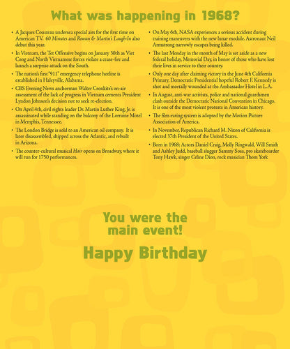 Inside of the 1968 Year Of Birth birthday card, detailing historical events from 1968 and 'You were the main event! Happy Birthday'.