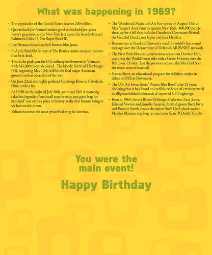 Inside of a 1969 birthday card detailing events from the year like Woodstock, Moon landing, and pop culture facts.