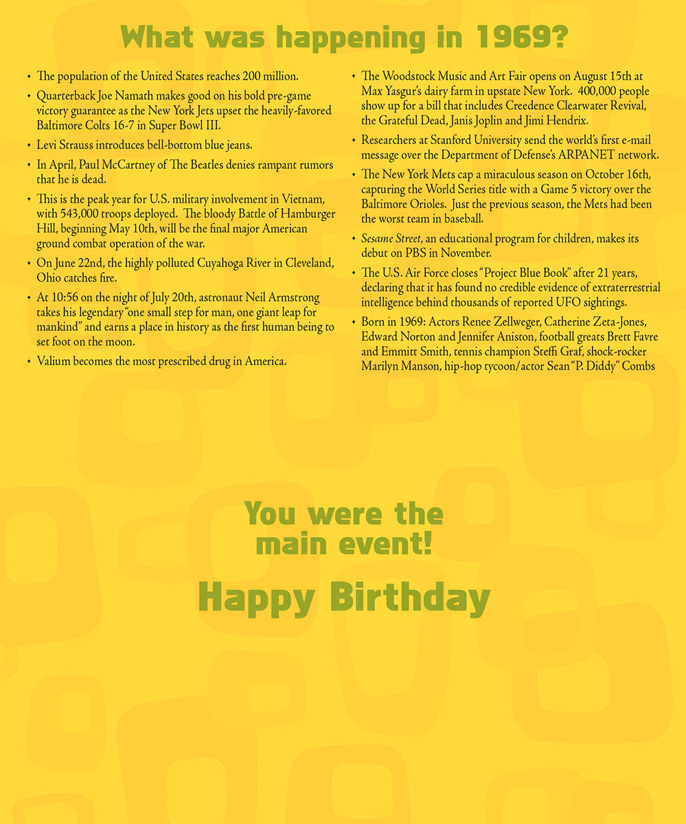 Close-up of a birthday greeting card detailing historical events from 1969 with a 'What was happening?' section and 'Happy Birthday' message.