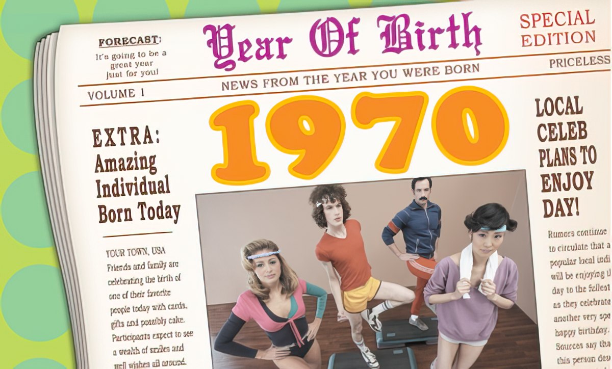 Front of a 'Year Of Birth' 1970 newspaper-themed birthday card with retro 70s graphic and people in vintage workout attire.
