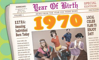 Front of a 'Year Of Birth' 1970 newspaper-themed birthday card with retro 70s graphic and people in vintage workout attire.