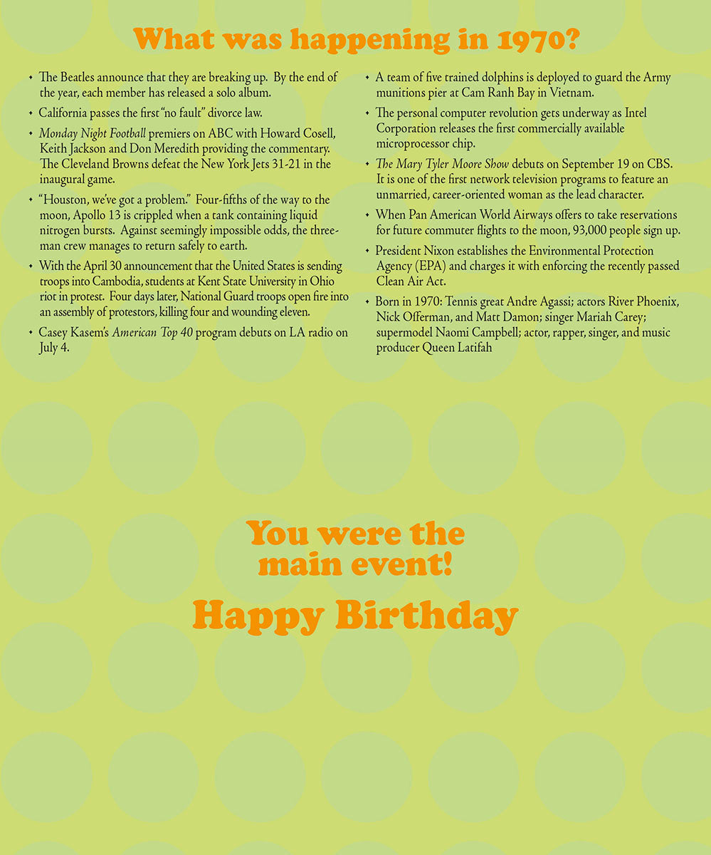 Inside of a 'Year of Birth' greeting card detailing historical events from 1970, including The Beatles, Apollo 13, Intel microprocessor, and Mary Tyler Moore Show, with a 'You were the main event! Happy Birthday' message.
