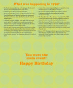 Inside of a 'Year of Birth' greeting card detailing historical events from 1970, including The Beatles, Apollo 13, Intel microprocessor, and Mary Tyler Moore Show, with a 'You were the main event! Happy Birthday' message.