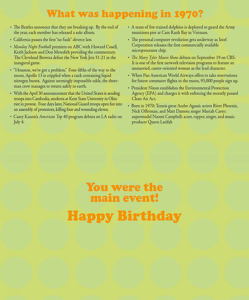 Inside of a 'Year of Birth' greeting card detailing historical events from 1970, including The Beatles, Apollo 13, Intel microprocessor, and Mary Tyler Moore Show, with a 'You were the main event! Happy Birthday' message.
