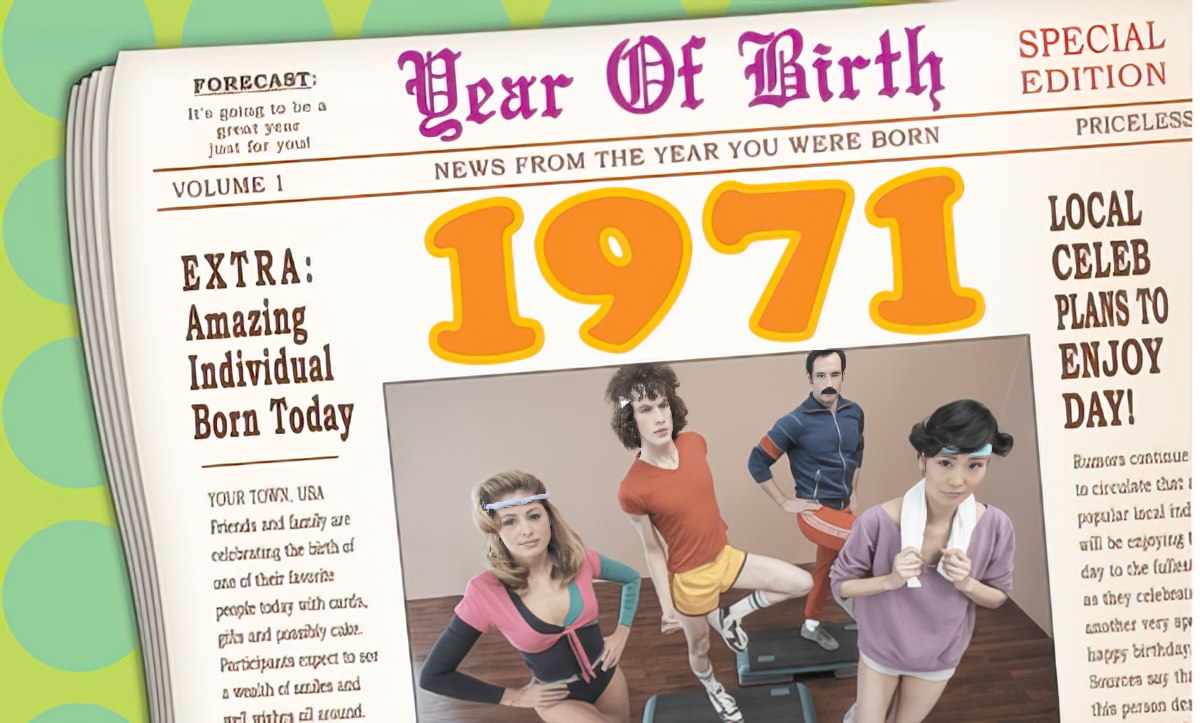 Vintage 1971 'Year Of Birth' newspaper-style greeting card featuring retro workout enthusiasts and a 'Special Edition Priceless' headline, celebrating a milestone birthday with nostalgic facts.