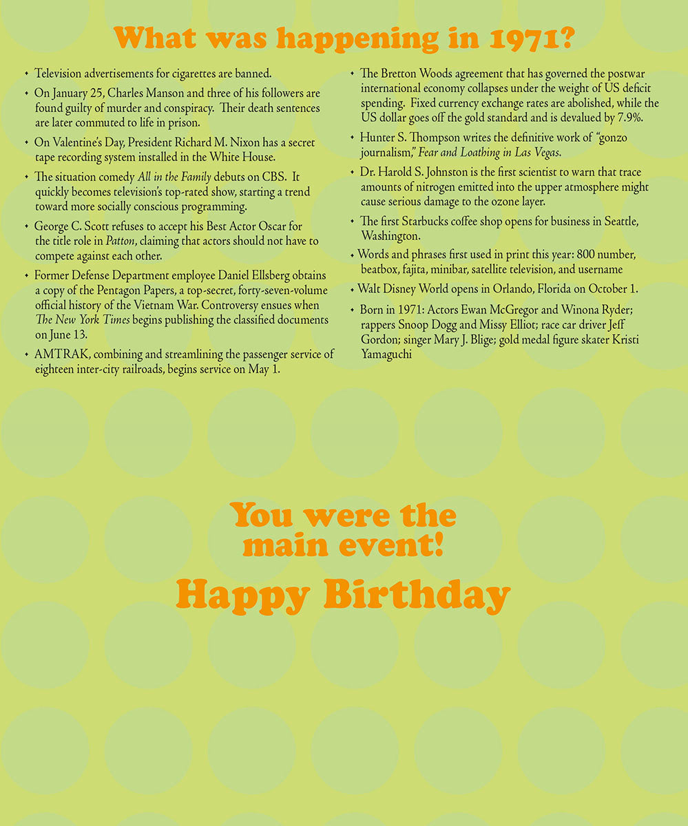 Inside of a 1971 'Year of Birth' greeting card with a list of historical events, pop culture highlights, and news from 1971, designed for a celebratory and informative birthday message.