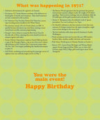 Inside of a 1971 'Year of Birth' greeting card with a list of historical events, pop culture highlights, and news from 1971, designed for a celebratory and informative birthday message.