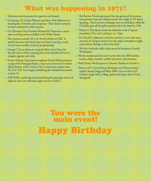 Inside of a 1971 'Year of Birth' greeting card with a list of historical events, pop culture highlights, and news from 1971, designed for a celebratory and informative birthday message.