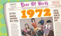Vintage 1972 'Year of Birth' newspaper front page themed greeting card featuring humorous retro fitness enthusiasts and headlines for a milestone birthday celebration.