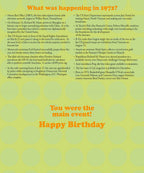 Detailed list of historical events, pop culture highlights, and political news from the year 1972, serving as the inner content of a nostalgic birthday greeting card.