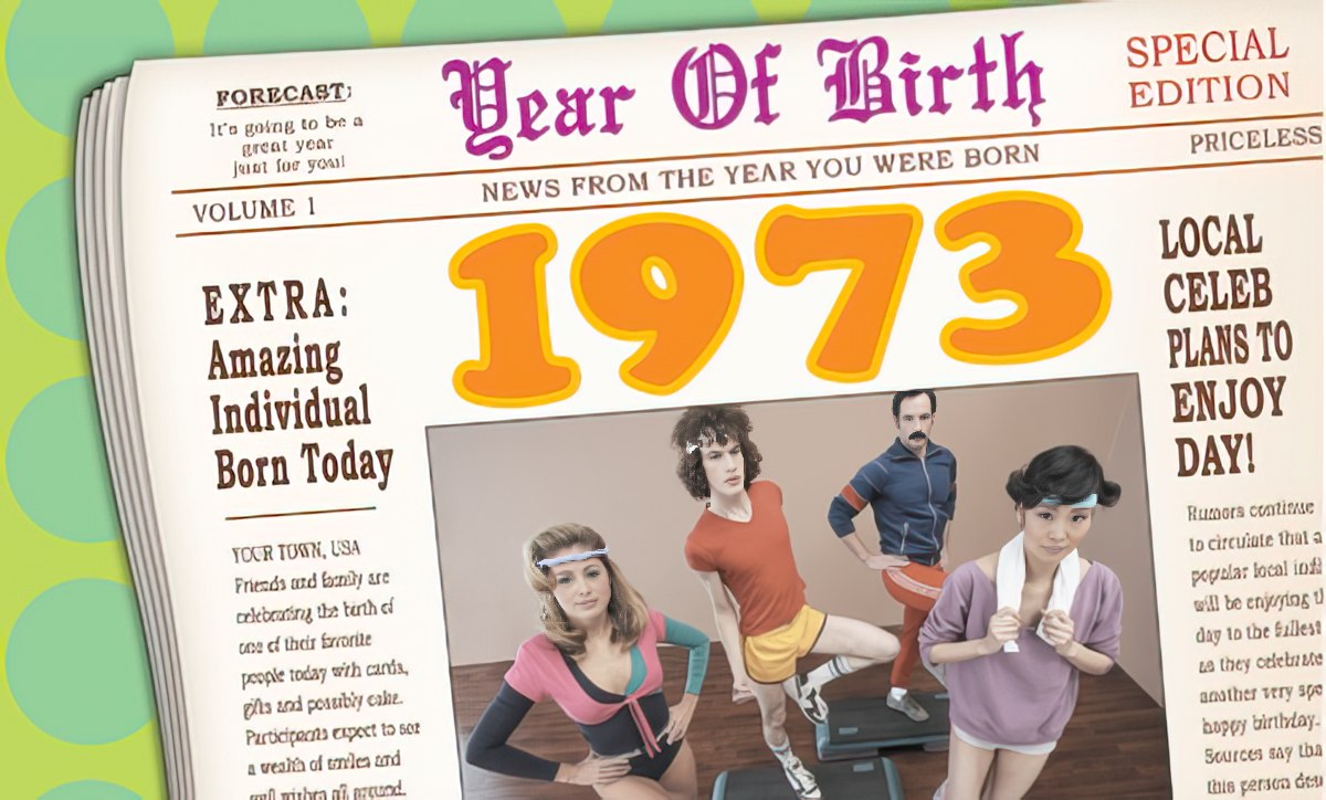 Front of a retro 1973 birthday card designed like a newspaper with 'Year Of Birth' and '1973' headlines, featuring people in vintage attire.