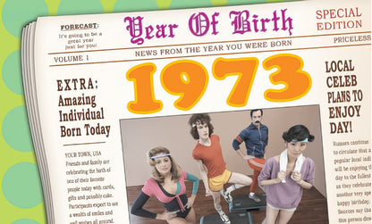 Front of a retro 1973 birthday card designed like a newspaper with 'Year Of Birth' and '1973' headlines, featuring people in vintage attire.