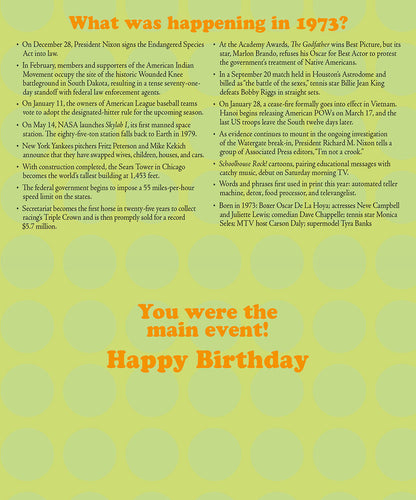 Inside of a 1973 birthday card displaying historical facts from the year and a 'You were the main event!' message.