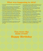 Inside view of a 1973 birthday card listing iconic historical events from that year, including pop culture, sports, and politics, with 'Happy Birthday' message.