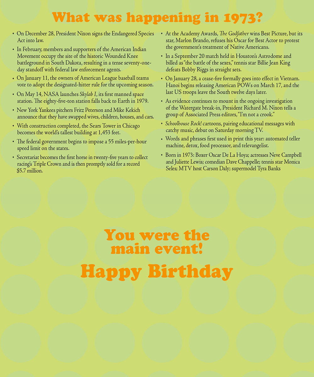 Inside view of a 1973 birthday card listing iconic historical events from that year, including pop culture, sports, and politics, with 'Happy Birthday' message.