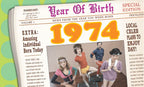 Vintage 1974 birthday newspaper front page featuring 'Year Of Birth' headline and a humorous retro 70s aerobics workout scene with people in athletic wear.