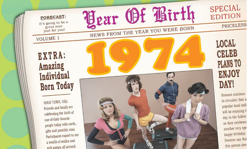 Vintage 1974 birthday newspaper front page featuring 'Year Of Birth' headline and a humorous retro 70s aerobics workout scene with people in athletic wear.