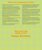 Detailed list of historical events from 1974, including economic, political, and cultural highlights, celebrating the recipient's birth year with 'You were the main event! Happy Birthday' message.