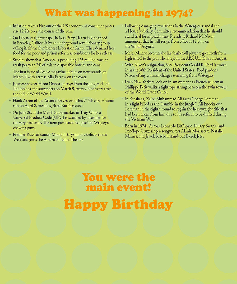 Detailed list of historical events from 1974, including economic, political, and cultural highlights, celebrating the recipient's birth year with 'You were the main event! Happy Birthday' message.