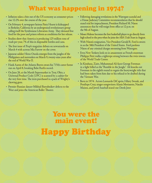 Detailed list of historical events from 1974, including economic, political, and cultural highlights, celebrating the recipient's birth year with 'You were the main event! Happy Birthday' message.
