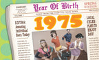 Front of a retro newspaper-themed birthday card with 'Year of Birth 1975' headline and 80s aerobics enthusiasts, celebrating a milestone birthday.