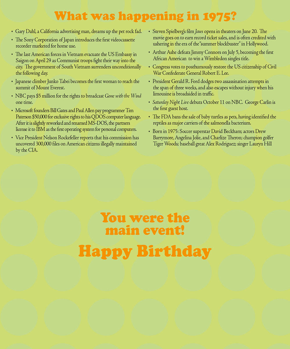 Back of a vintage birthday card detailing a historical timeline of pop culture and world events from the year 1975, perfect for nostalgic gifting.