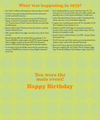Back of a vintage birthday card detailing a historical timeline of pop culture and world events from the year 1975, perfect for nostalgic gifting.