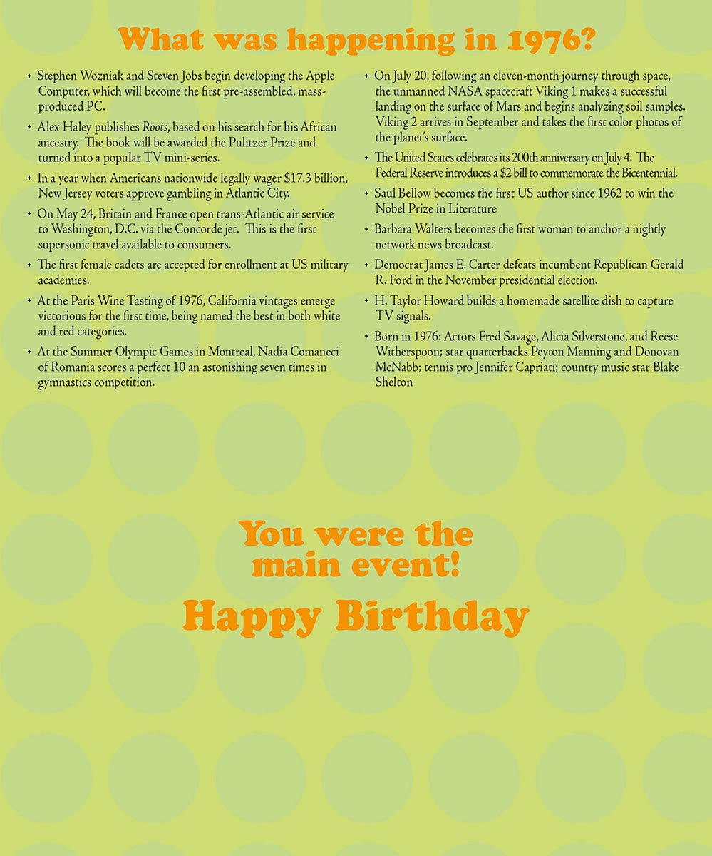 Inside of a 1976 themed birthday card listing historical events like Apple Computer, Roots, Viking 1, and the Bicentennial, with 'You were the main event! Happy Birthday' message.