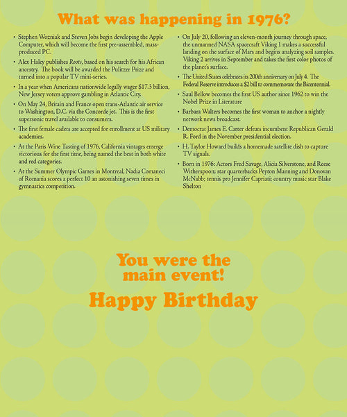 Text details from a vintage newspaper design listing key historical and pop culture events from 1976, including Stephen Wozniak and Steve Jobs developing Apple Computer, Alex Haley's Roots, and Olympic achievements, under the headline 'What was happening in 1976?' and a closing 'You were the main event! Happy Birthday'. Ideal content for a retro 1976 birthday card.