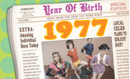 Close-up of a retro newspaper-themed greeting card titled 'Year Of Birth 1977 - News From The Year You Were Born', featuring an image of people doing 70s aerobics and headlines like 'Amazing Individual Born Today!'. Perfect for a nostalgic birthday gift.