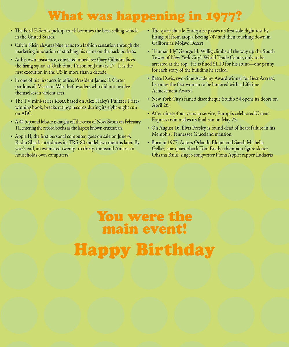 Detailed text inside a 'Year of Birth' greeting card listing historical facts and cultural events from 1977, including best-selling vehicles, movie releases, musical artists, and the caption 'You were the main event! Happy Birthday'.