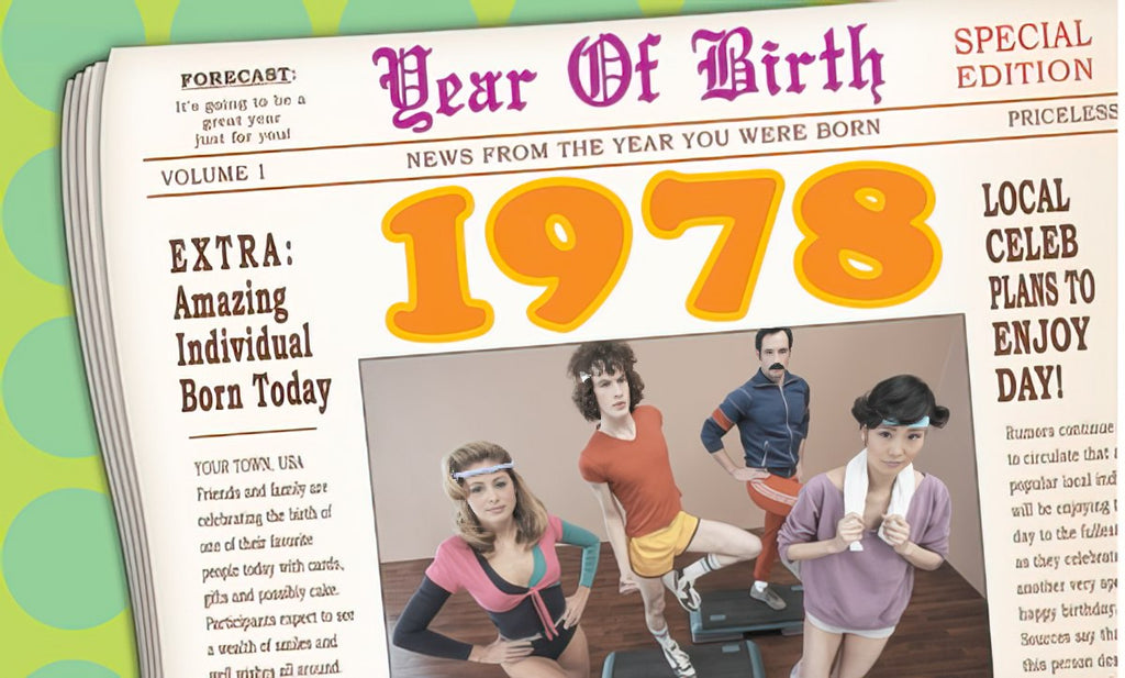 Vintage 1978 Year of Birth newspaper-style greeting card featuring retro fitness enthusiasts in 80s workout gear, celebrating a milestone birthday.