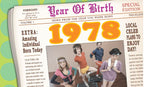 Vintage 1978 Year of Birth newspaper-style greeting card featuring retro fitness enthusiasts in 80s workout gear, celebrating a milestone birthday.
