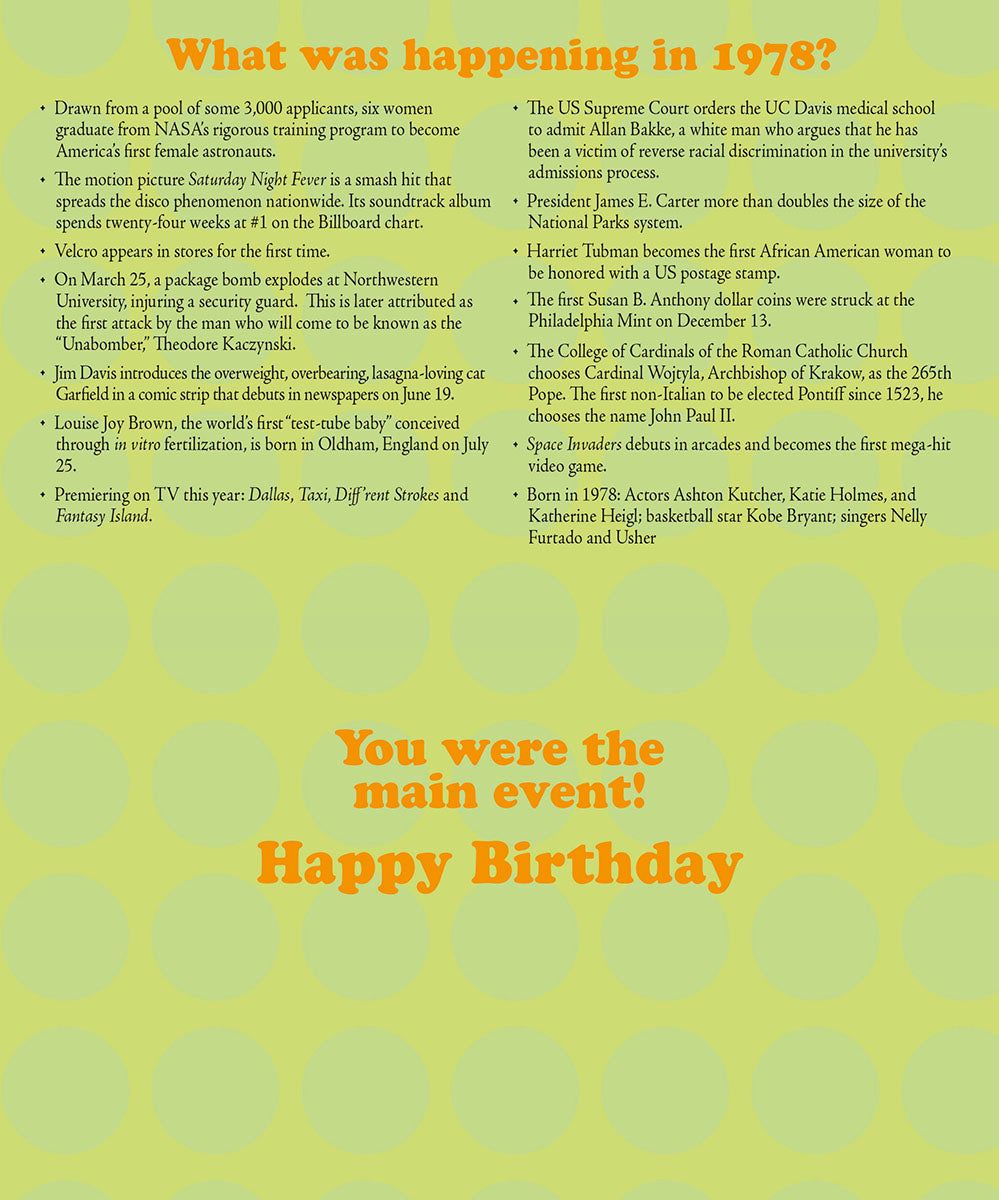 Inside view of a nostalgic greeting card detailing historical and pop culture events from the year 1978, perfect for a milestone birthday.